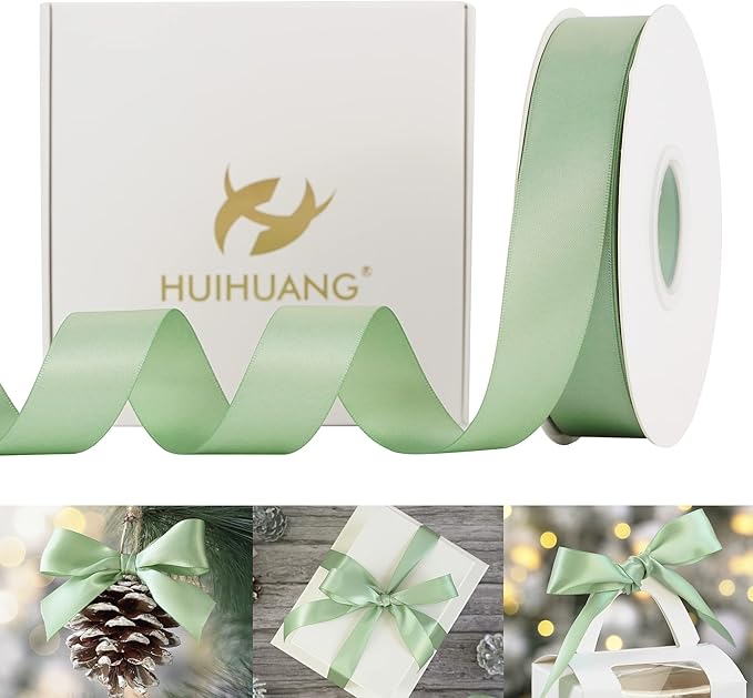 HUIHUANG Sage Satin Ribbon - 1 inch Light Sage Green Double Face Silk Satin Ribbon for Wedding Decor, Crafts, Gift Wrapping, Bows, Bridal, Floral, Bouquet, Invitation Card, Baby Shower, Party
