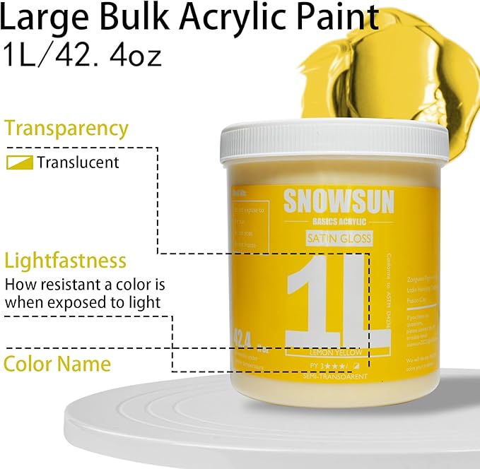 SNOWSUN Lemon Yellow Acrylic Paint, Large Bulk Heavy Body Acrylic Paint (42.4 oz, 1L) - Non Toxic Gloss Thick Art Paint for Multi-Surface, Canvas Wood Ceramic and Leather, Stone Craft, for Artists & Beginners