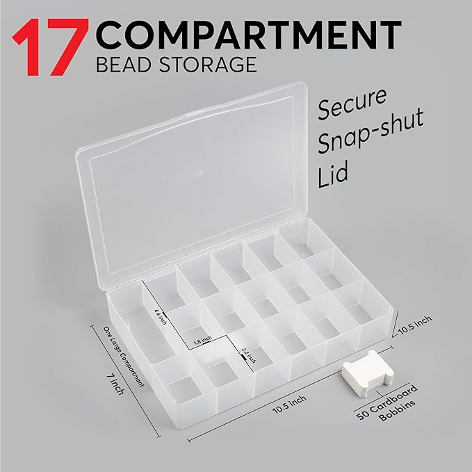 2PACK Embroidery Floss Organizer Box with 50 Cardboard Bobbins - 17 Compartments Clear embroidery thread and Beads organizer box, Snap-Tight Clear Sewing Organizer - Jewelry Bead Holder (Made in USA)
