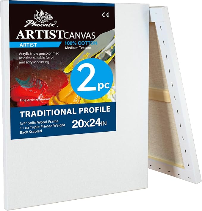 PHOENIX 20x24 Inch 2 Pack Artist Canvas - Large Stretched Canvases for Painting - 3/4 Inch Profile, 100% Cotton 11 Oz. Gesso Primed White Blank Professional Canvas Oil & Acrylic Paints