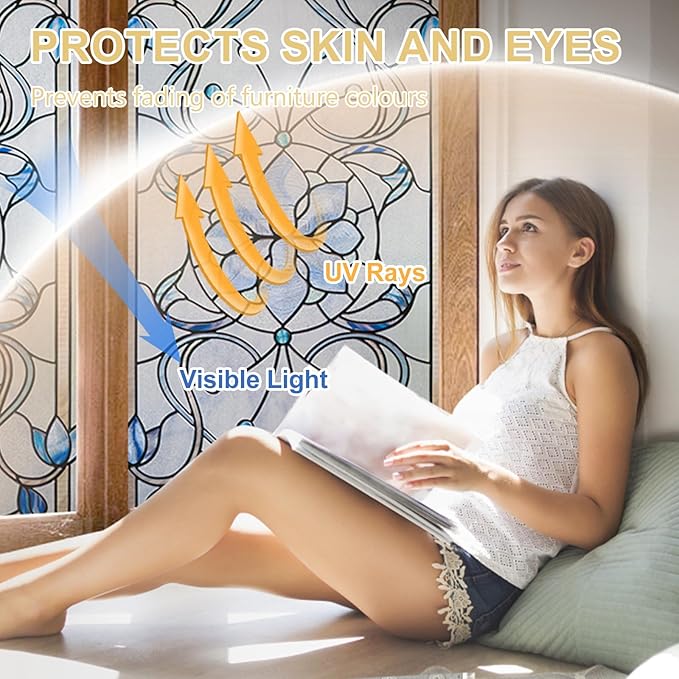 3D Stained Glass Window Privacy Film, Heat Control UV Blocking Static Cling Decorative Window Film for Bathroom,Front Door,Home Non Adhesive,35.4 x 78.7 inches Azure Bloom