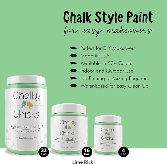 Chalky Chicks All-in-One Chalk Paint for Furniture or Cabinet - 16Fl Oz - Matte Finish Lime Ricki (Lime Green) for Metal, Wood Furniture Paint - No Sanding All-in-One for Home Decor & Crafts, USA Made