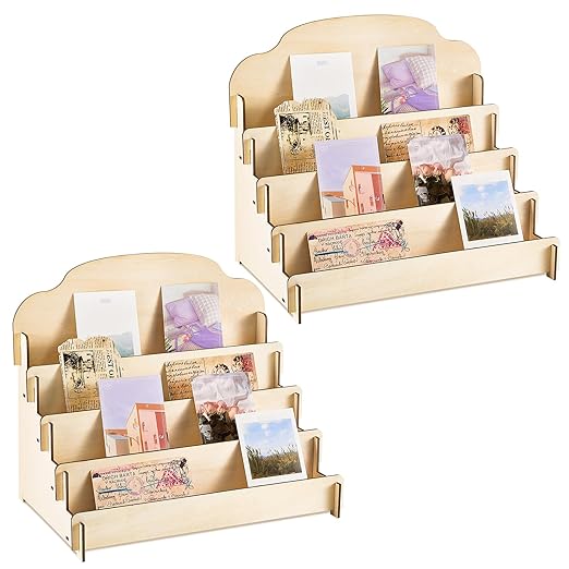 Barydat 2 Pcs 4 Tier Greeting Card Display Stand Wooden Sticker Display Stand Portable Card Display Rack for Vendors Retail Counter Table Display Trade Shows Showcase (Wood Color,15.8 Inch)