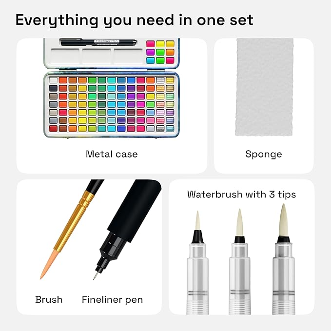 ARTISTRO Watercolor Paint Set, 100 Vivid Colors in Portable Box, Palette set Including Metallic, Fluorescent, Pastel Colors. Perfect Travel Watercolor Set for Artsits, Amateur, Hobbyists and Painting Lovers