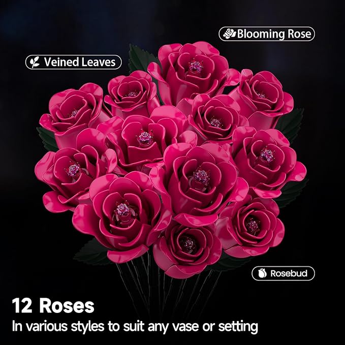 12 Everlasting Roses Bouquet Building Set, Gothic-Style Botanical Diary Series, Includes Heart-Shaped Gift Box Base, The Best Gifts for Your Wife and Family on Birthdays and Holidays (516 PCS)