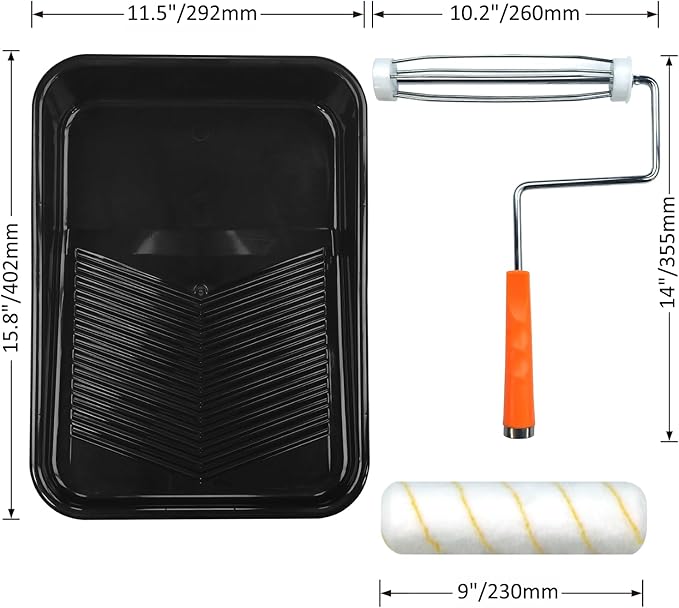 Great Andrew 9 Inch Paint Tray Set, 15-Pack, Plastic Paint Tray with 12 Textured Tray Liners, Paint Roller Liners Kit with Roller and Wire Roller Frame for Painting Walls, Ceilings, Trim, Siding