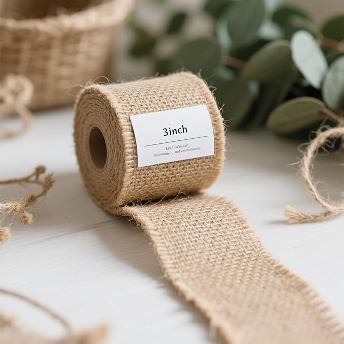 KINJOEK 3 Inch Wide 54 Yards Burlap Ribbon, Natural Jute Fabric Ribbon Crafts Ribbon for Christmas Wedding Gifts Burlap Fabric DIY for Decoration
