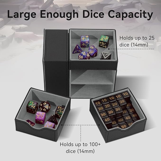 Dice Tray & Dice Tower Storage Box, 3 in 1 Dice Holder Case (Dice Rolling Tray, Dice Rolling Tower, Dice Storage Drawers), Leather Magnetic Closure DND Accessories Gifts for RPG MTG, Black/Grey