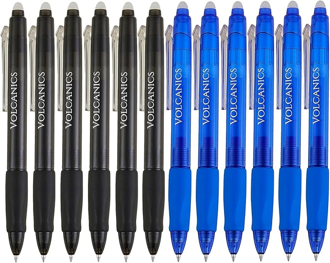 Volcanics Retractable Clicker Erasable Gel Pens - 0.7mm Ball Point, Heat Erase with Built-in Eraser, 12 Pack Black and Blue