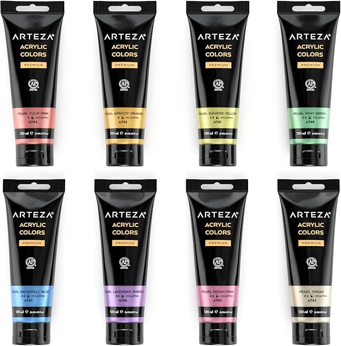 ARTEZA Pastel Acrylic Paint, Set of 8, Metallic Tones, 4.06 fl oz Tubes, High Viscosity Water-Based Paint, Glossy Finish, Art Supplies for Painting Paper, Canvas, Wood and Fabric, and DIY Projects