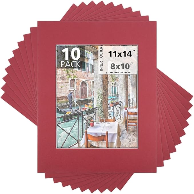 Mat Board Center, Pack of 10, 11x14 for 8x10 China Red Color Mats - Bevel Cut, Acid Free, 4-ply Thickness, White Core - for Pictures, Photos, Framing
