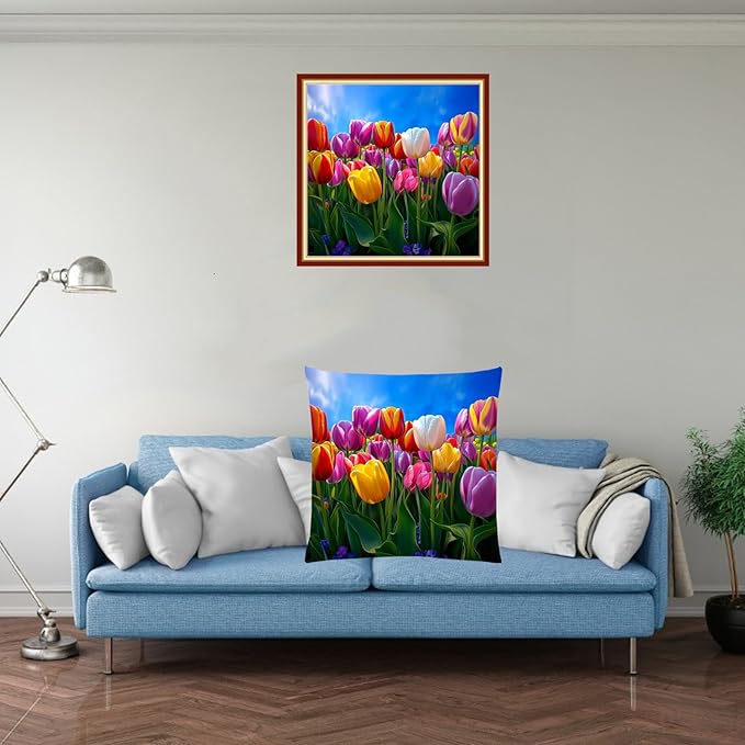 Fanxvivy Stamped Cross Stitch Kits for Adults Beginners Pillow Needlepoint Kit with Embroidery Pattern Needlework Kit Prestamped Stitches Kit 11CT Cross Stitching-Colorful Tulips 18x18 inch
