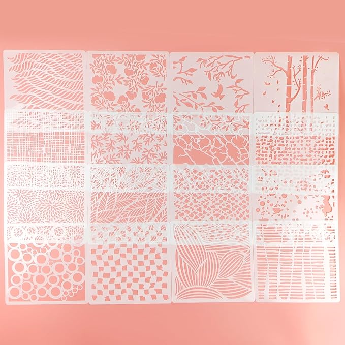 16 Pcs Layering Stencils for Painting - 6"x6" Mixed Texture Trees, Flowers, Leaves, Dots, Checkered, Buffalo Crackle, Splatter Stencils for Canvas, Mix Media Spray Paint