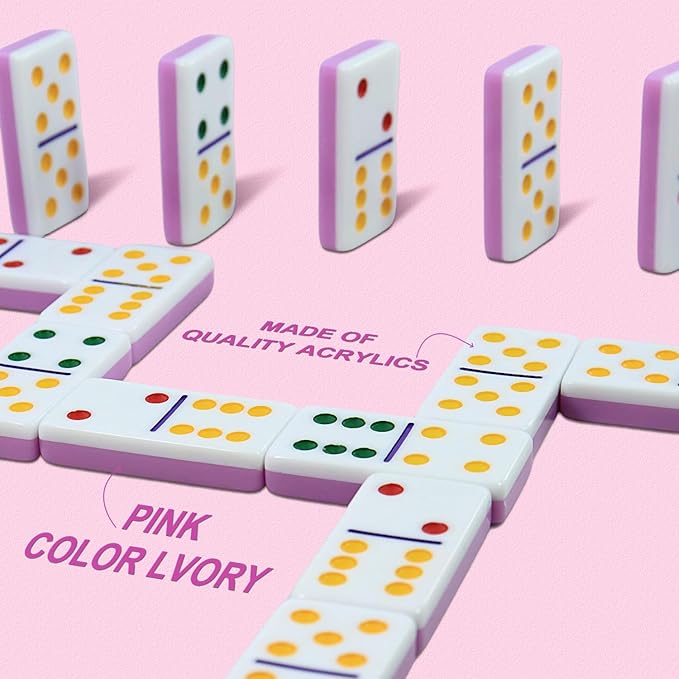 IDTQ Dominoes Set for Adults, Double 6 Dominos Game Set with 28 Domino Tiles Double with Upscale Gift Boxes -7 Polyhedral Dice -Classic Board Games (Pink)