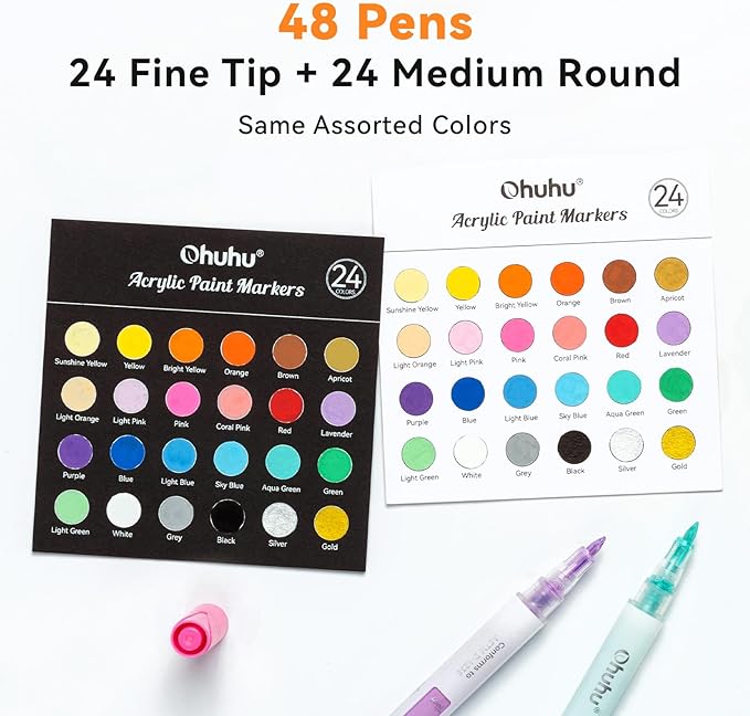 Ohuhu Acrylic Paint Markers, 48 Paint Pens Set of 24 Fine & 24 Round Tip in Same Assorted Colors - Reversible Chisel & Round - Good Coverage Acrylic Markers for Rock Painting Easter Egg Wood Plastic