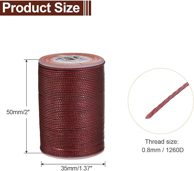 uxcell Round Leather Sewing Waxed Thread, 55m / 60 Yards Polyester Wax String, 0.80mm Wax Stitching Cord for Leather Crafts, Bookbinding, Bracelets Braided, Burgundy, 2pcs