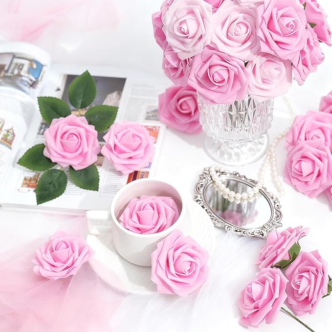 Artificial Flowers Foam Fake Roses 25pcs Pink Roses with Stems for Home Decor DIY Wedding Bouquets Party Bridal Shower Centerpieces Faux Flower Arrangements Tables Decorations