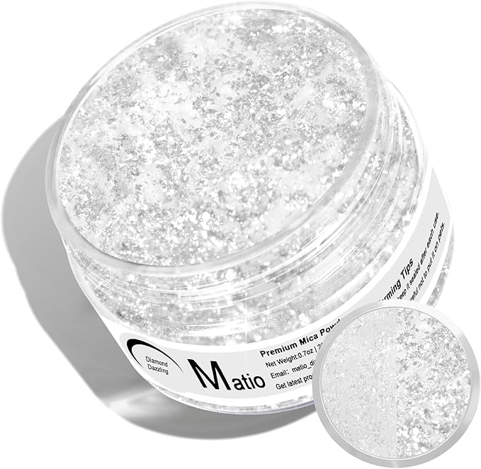 Matio White Glitter Mica Powder, 0.7oz/20g Premium Resin Glitter Powder Natural Epoxy Resin Color Pigment for Candle Making, Bath Bombs, DIY Crafts, Lip Gloss, Hair, Nail Art（Diamond Dazzling）