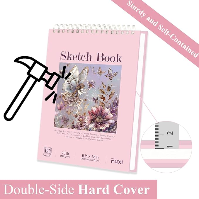 Cute Sketchbook Pink, 9"x12" Sketch Book for Teen Girls, 100 Sheets Girl Sketchbook 73lb/120gsm Drawing Paper for Kids, Art Supplies for Teens 14-16 Girls.