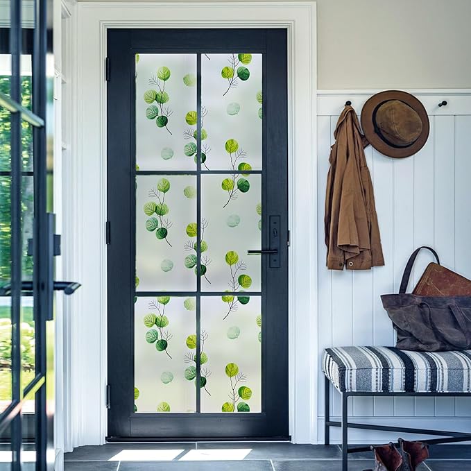 DKTIE Eucalyptus Leaves Stained Glass Window Film with Installation Tools, INS Style Window Privacy Film Decorative, Nordic Style for Home Decor (S541, 35.4'' x 78.7'')