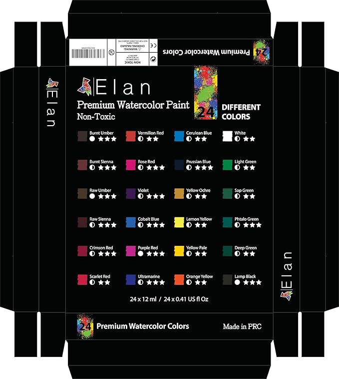 Elan Professional Watercolor Paint Set, 24 Liquid Watercolor Paint Tubes 0.4fl oz, Non-Toxic Mini Tubes for Canvas & Crafts, Art Paints for Adults