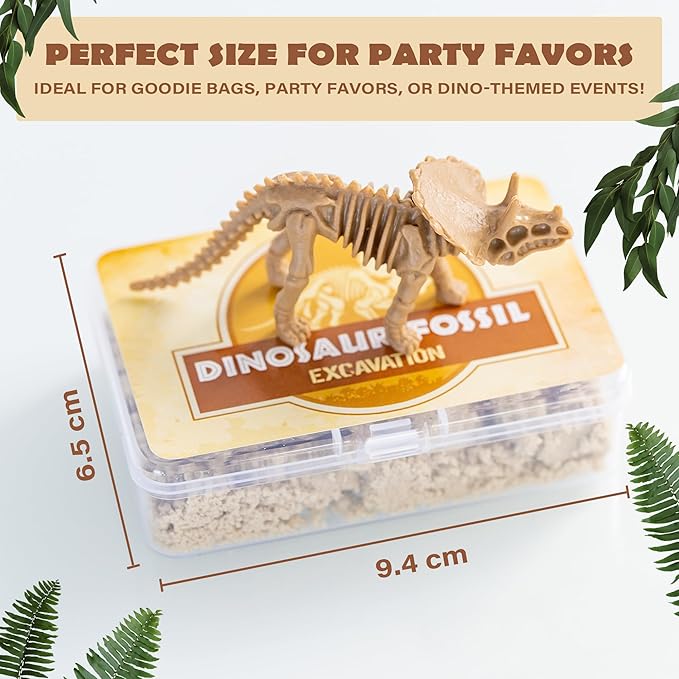 Dinosaur Party Favors for Kids Pack of 10 - Dinosaur Fossils & Quartz Sand Jars - Sensory Sand for Kids to Dig Up Dino Bones - Includes Customizable Dino Decorations, Cupcake Toppers & Labels