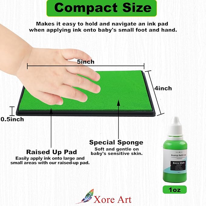 5"x4'' Large Ink Pad Washable Stamp Ink Pad for Baby Footprint Handprint with 30ml Premium Refill Ink (Light Green)
