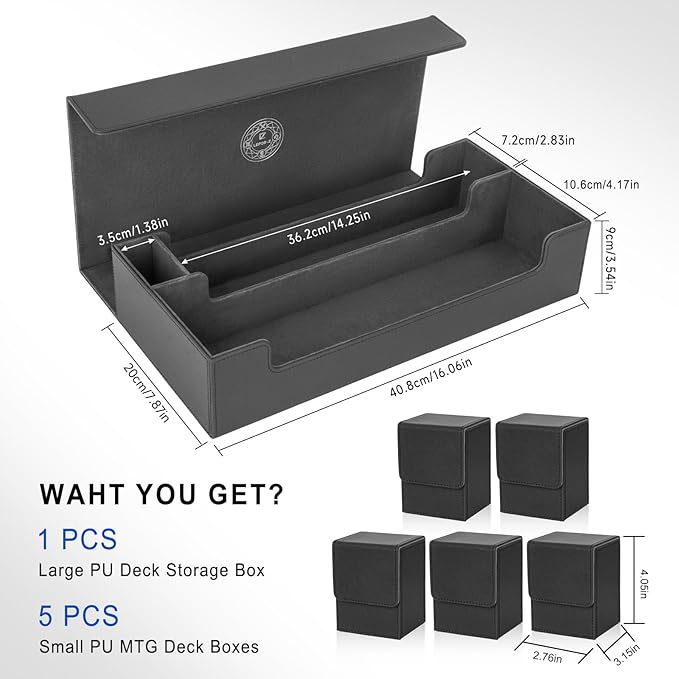 6 in1 Card Deck Box Set,X-Large Premium Trading Card Storage Case with 5 Small Box,Magnetic Game Deck Display Case Compatible with MTG/TCG/Yugioh/Magic/Commander(Black＆Grey)