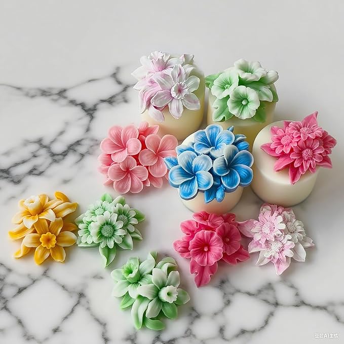 4PCS Flower Silicone Mold 3D Cute Flower Resin Candle Molds for Candle Making Sun Flowe Daffodils Petunia Plumeria Flowe Silicone Mold Resin Aromatherapy Gypsum Wax Soap Clay Craft