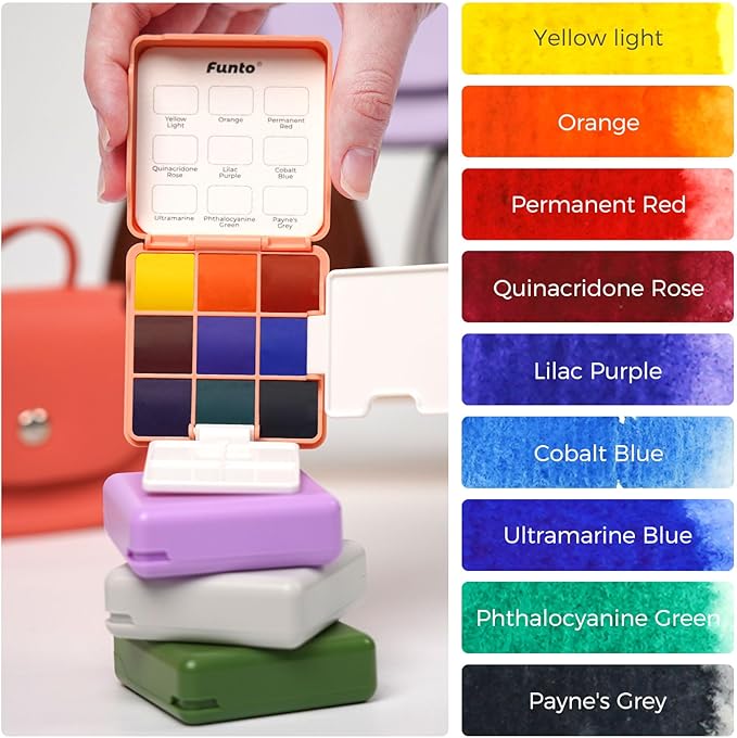 Funto Pocket Watercolor Set, Travel Color Kit, with 9 Colors, Leather Bag, Paint Water Cup, Foldable Palettes, and Mini Watercolor Papers, Set for Art