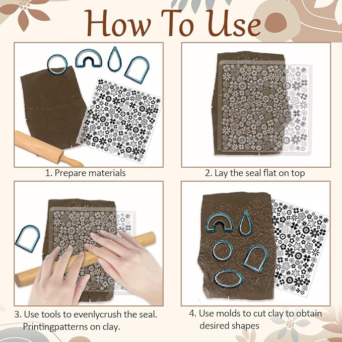 CHGCRAFT Polymer Clay Texture Sheets Cartoon Flowers Texture Stamp Sheets Silicone Texture Stamp Polymer Clay Texture Mat for Making Earrings Jewerly, Polymer Clay Earrings Tools
