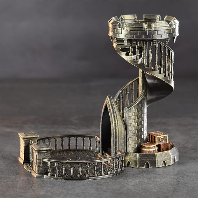 AUSPDICE DND Dice Tower Castle and Tray Retro Dice Rolling Tower for Dungeons and Dragons RPG Tabletop Games (Brushed Brass Color)