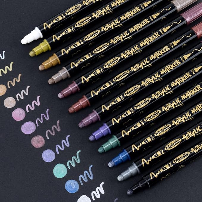 TRANSON 12Colors Metallic Paint Markers Bold and Fine Dual-tip for Rock Wood Ceramic Canvas DIY Painting Drawing