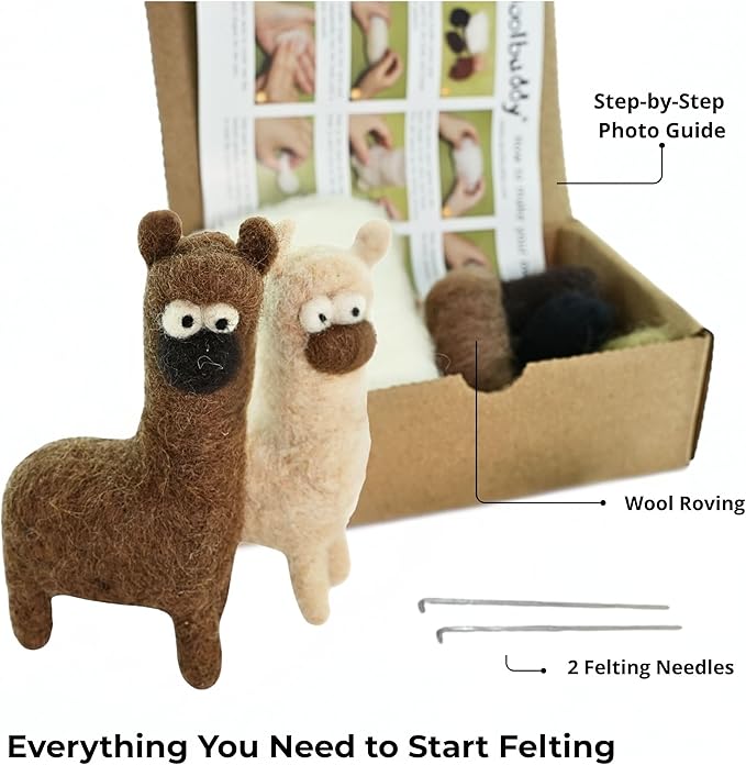 Woolbuddy Needle Felting Kit for Beginners & Adults – Llama DIY Felt Animal Starter Kit with Natural Wool Roving, Felting Needles & Step-by-Step Instructions