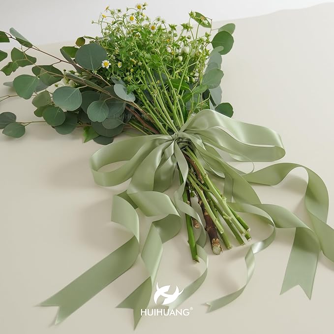 HUIHUANG Satin Ribbon 1 inch Sage Green Ribbon 50 Yards Double Face Silk Satin Ribbons for Crafts Spring Moss Ribbon for Gift Wrapping Bows Floral Bouquet Cake Wedding Invitation Card Party Decor