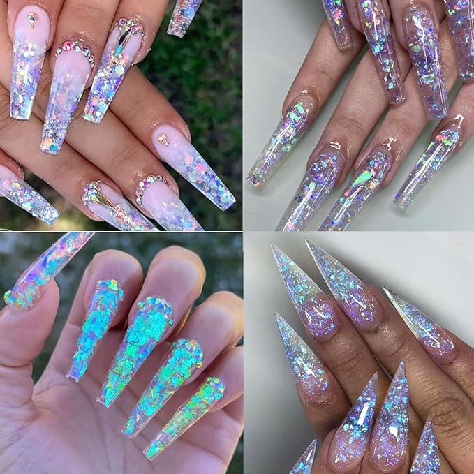 12 Colors Holographic Glitter Nail Art Sequins Aurora Iridescent Nail Flakes Glitter Chameleon Flakes Irregular Ice Slag Glass Paper Ultra Thin Mermaid Nail Glitter for Nail Art Make-up DIY Decoration