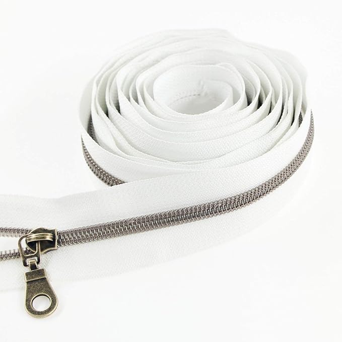 Leekayer #5 Antique Brass Metallic Nylon Coil Zippers by The Yard Bulk 10 Yards White Tape with 25pcs Antique Brass Sliders for DIY Sewing Tailor Craft Bag(White)