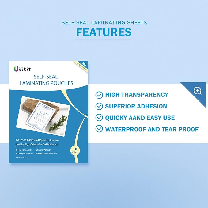 Uinkit 10Mil Thick Self-Seal Laminating Sheets - Ultra Strong, Bubble-Free Protection for Documents & Crafts (10 Pack, 9x11.5 Inch)