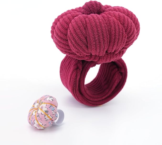 Wrist Pin Cushions, Sewing Needle Cushion kit with 1Pcs Elastic Strap Finger Ring Pincushions, Adjustable Strap Handcraft Needles Holder for Sewing and Quilting. (Dark Red)