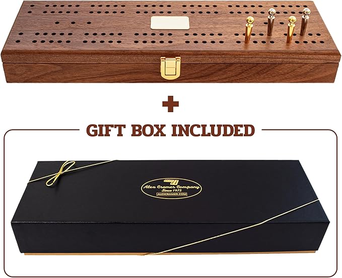 Alex Cramer Le Club Luxury Domino Set with USA-Made Handcrafted Walnut Case and Cribbage Top - 28 Tournament Quality Indestructible Spinner Dominoes. Gold & Nickel pegs
