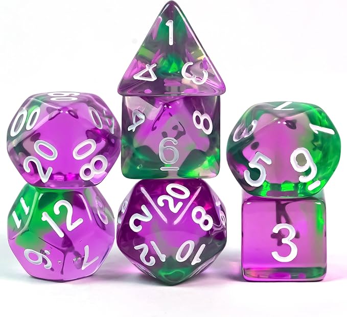 7-Die DND Dice Set Polyhedral Dice Set with a Leather Dice Bag, D&D Dice Set for Dungeons and Dragons, RPG, MTG Table Games (T/Purple Green)