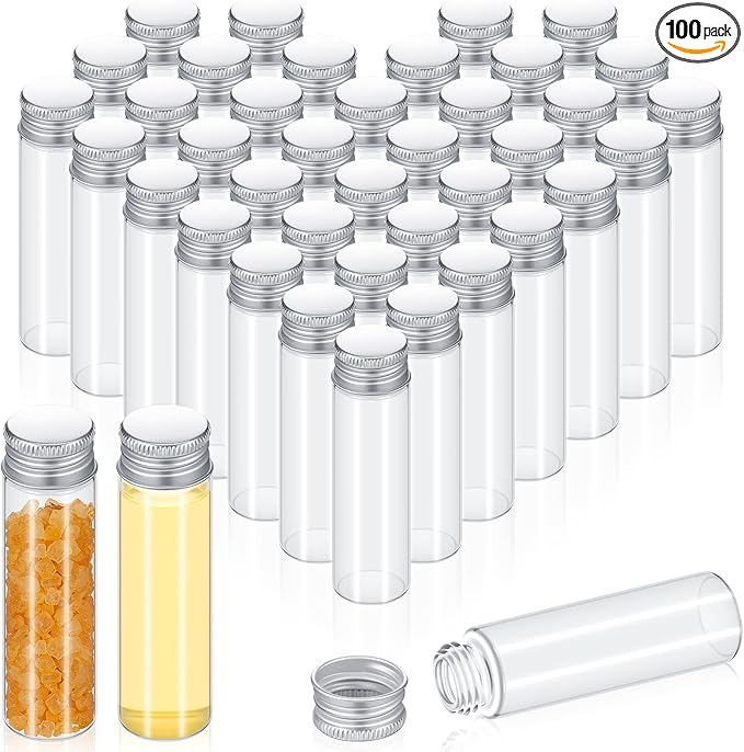 100 Pcs Small Clear Vials Spice Mini Jars with Lids Mini Glass Bottles with Screw Aluminum Metal Caps Tiny Jars Sample Containers for Powder Cream Cosmetic Jewelry Wedding (20 ml,Silver Caps)