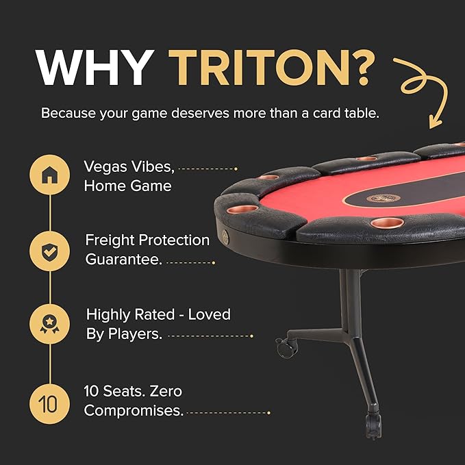 Triton Premium Poker Table for 10 Players - Foldable and Long-Lasting Poker Table, Luxurious Vegas Style Casino Experience at Home