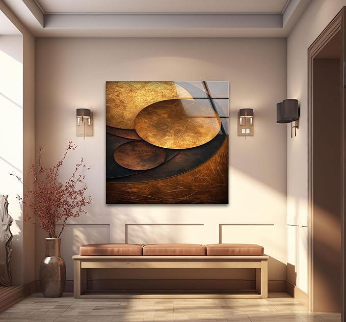 My Photostation.com Round 24'' Bronze Art Deco Geometric Motifs Glass Wall Art Tempered Glass Printing Wall Decor Large Wall Art Wall Hangings
