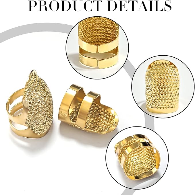 FR 4 Pack (2 Sizes, S/M) Sewing Thimble Finger Protector, Adjustable Finger Metal Shield Protector Pin Needles Sewing Quilting Craft Accessories DIY Sewing Tools Needlework Gold
