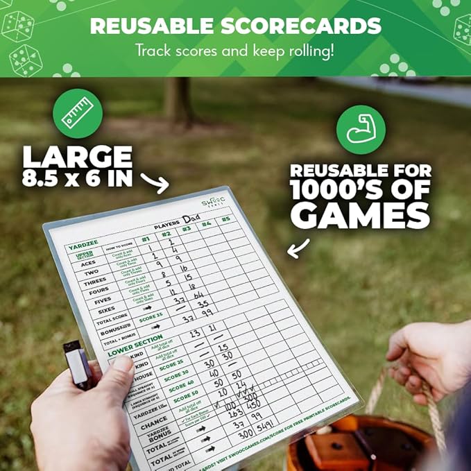 SWOOC Games - Yardzee, Farkle, & 20+ Giant Dice Games (All Weather) with Wood Bucket, 5 Scorecards, & Marker - Yard Dice Outdoor Game for Family - Giant Backyard Game Set - Outside Jumbo Lawn Fun