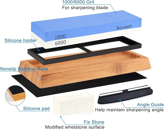 Knife Sharpening Stone, Premium Knife Sharpening Kit, 2 Side Grit 1000/6000 Whetstone, Wet Stone, Nonslip Base, Angle Guide and Flattening Ston e