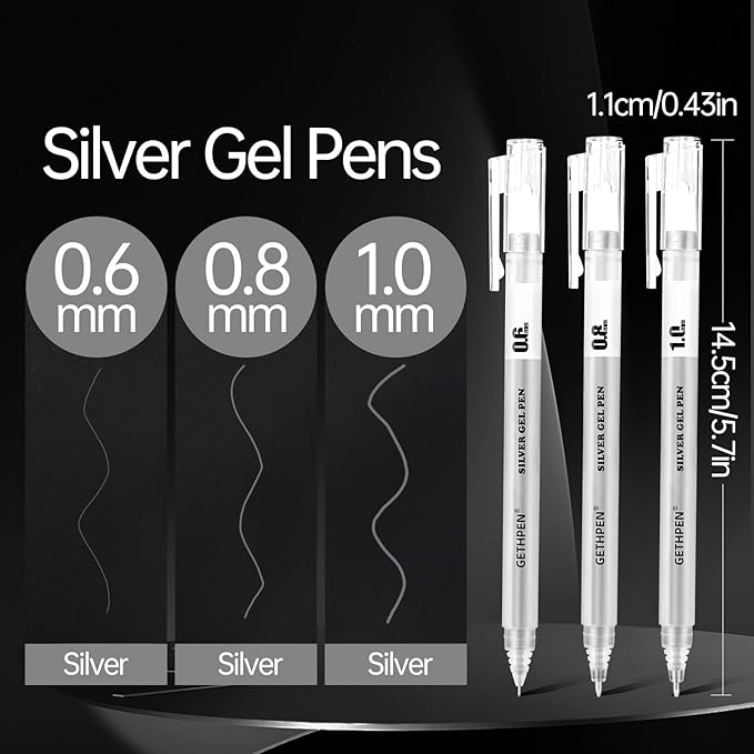 Silver Gel Pens 3-Pack - 0.6/0.8/1.0mm Fine Point Opaque Silver Archival Ink Pen for Black Paper Drawing, Sketching, Illustration, Bullet Journaling
