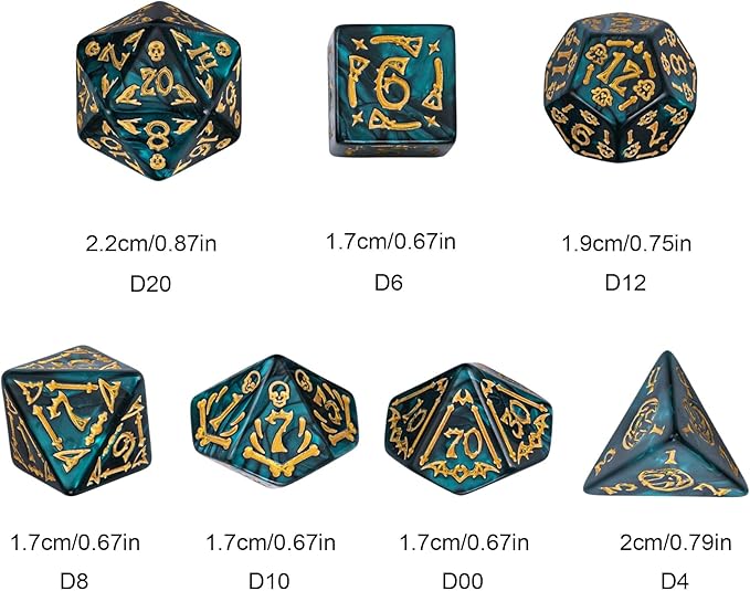 7-Die DND Dice Set Halloween Pattern Polyhedral Die Set with Leather Bag, Skull Dice D&D Die for RPG Table Games (Halloween Pattern-Green)