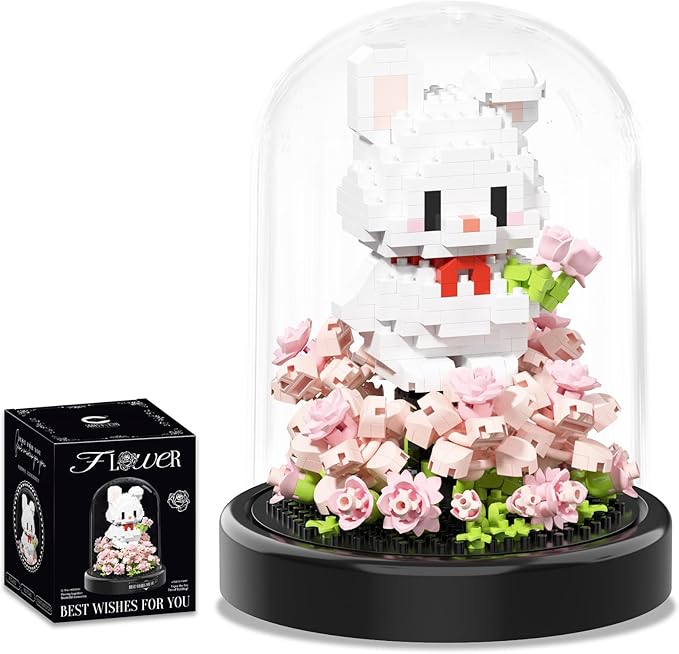 Artificial Flower Animal Toy Building Set for Adult,Mini Rabbit Plant Bonsai Tree Friend Set for Girl,Botanical Collection Gift for Kids,Office Home Decor Building Block,Birthday Gift for Women